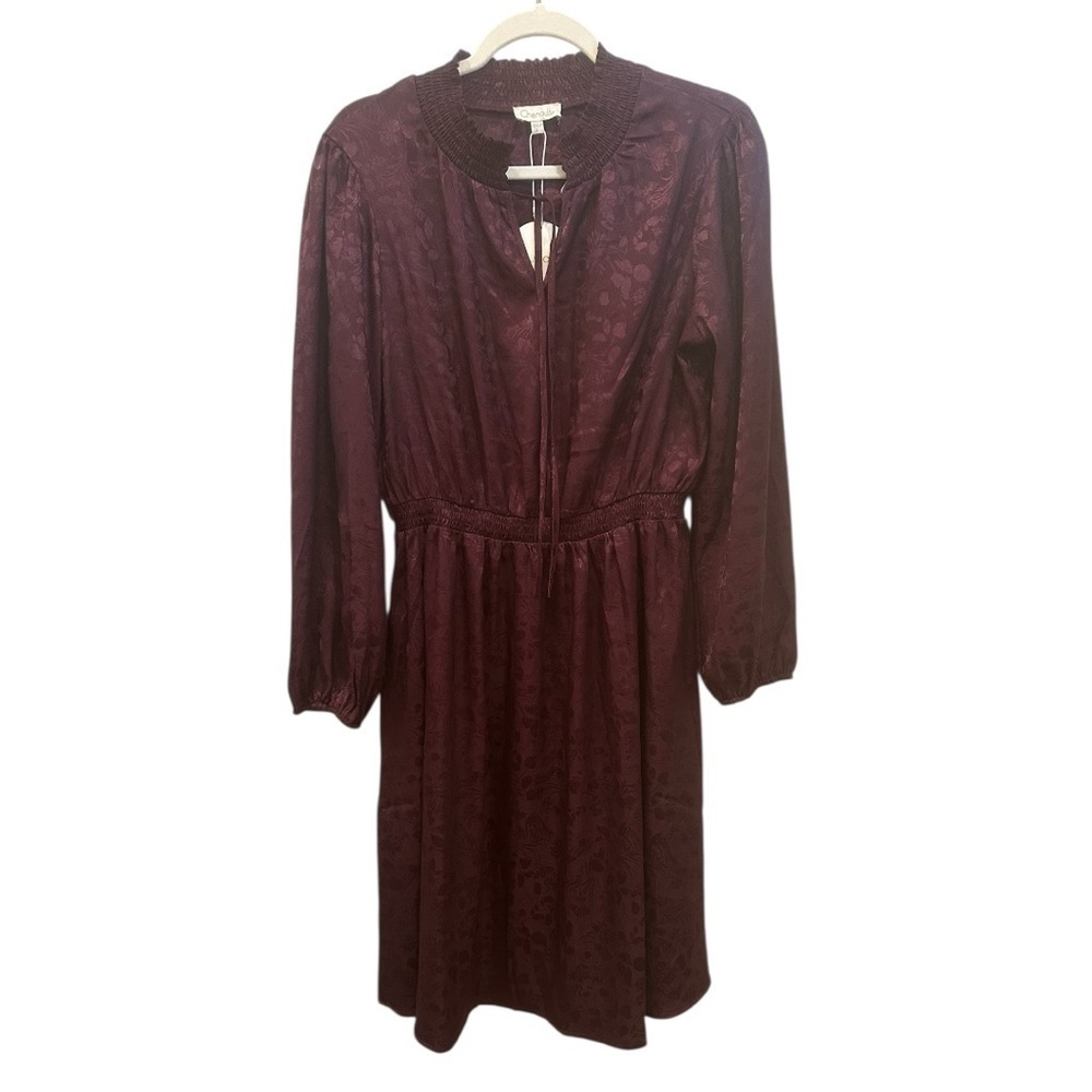 NWT Burgundy L/S Dress Elastic Waist Floral Print Church Office Fall Sz L